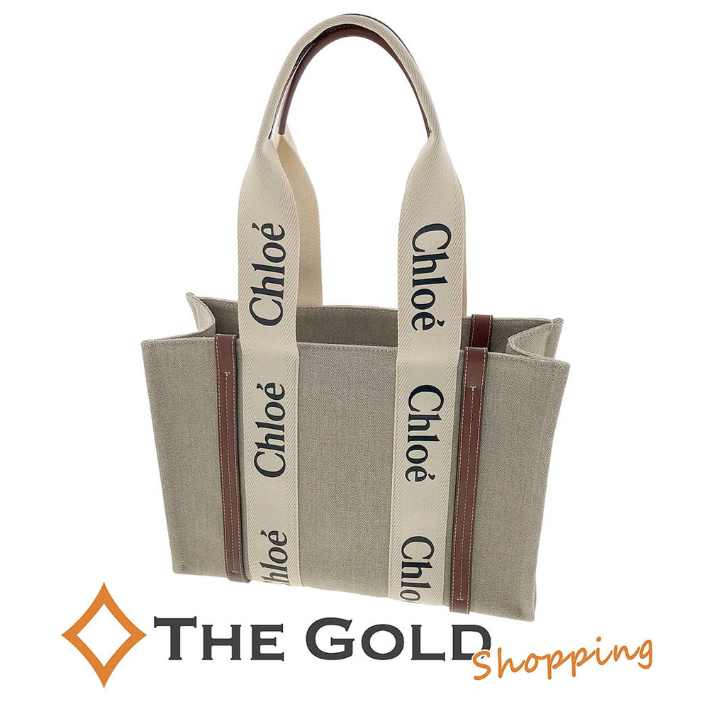 Chloe Woody Tote Bag Canvas Shoulder Bag White Brown